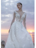 Long Sleeves Ivory Lace Tulle Floral Wedding Dress With Horsehair Hem
